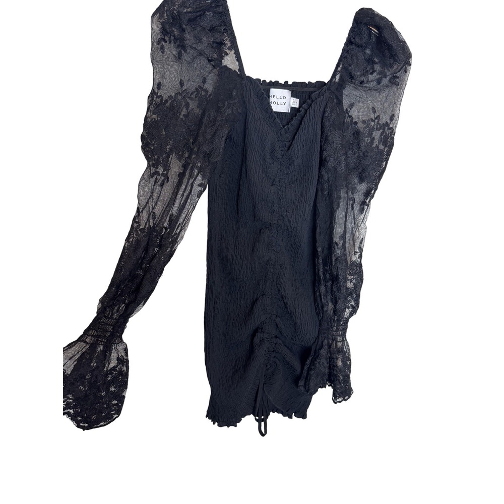 Hello Molly Dress Womens‎ Small Black Sheer Puff Sleeve Lace Mini Ruched Party